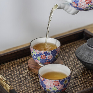 美浓烧 日本进口茶壶茶具一壶两杯轻奢茶具套装礼盒包装 春秋落樱【幽蓝】一壶两杯