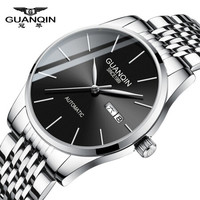 冠琴(GUANQIN)新款正品防水全自动机械男表 商务休闲双日历机械表手表男士潮流时尚精钢带腕表男 绅士钢带本色黑面
