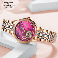 瑞士品质!冠琴(GUANQIN)名表正品进口机芯全自动机械表女表时尚气质手工镶钻镂空防水商务手表女士 紫金面钢带
