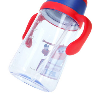 超级飞侠两用塑料杯 Tritan材质儿童吸管水杯子学生宝宝便携提绳带把手互换水壶450ML深蓝1218