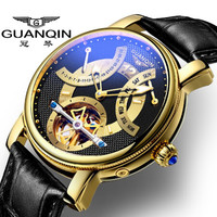 冠琴(GUANQIN)正品手表男士新品镂空陀飞轮全自动机械表男表 个性曲面夜光帅气时尚真牛皮带腕表男 黑皮间金黑面