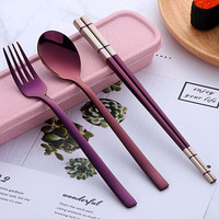 bestart 比特芬 304不锈钢筷子套装 学生白领便携餐具勺子筷子叉子便携盒四件套 神秘紫（粉盒）