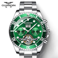 冠琴(GUANQIN)新款正品手表男士时尚休闲全自动机械表男表 经典水鬼镂空飞轮潮流 精钢带防水腕表 气质时尚精钢绿面