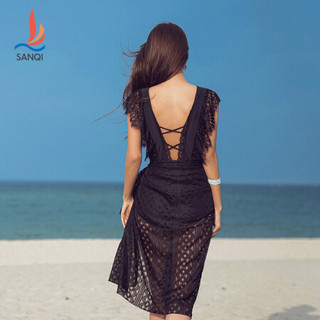 三奇 (SANQI)  泳衣女 仙女范2020新款连体显瘦遮肚les蕾丝罩衫两件套游泳装 21009 黑色 XL码