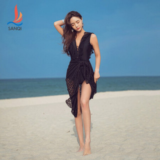三奇 (SANQI)  泳衣女 仙女范2020新款连体显瘦遮肚les蕾丝罩衫两件套游泳装 21009 黑色 XL码