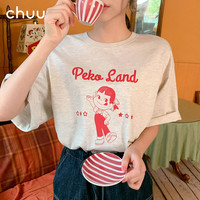 chuu不二家peko联名圆领短袖T恤女士2020年夏新款复古印花中长款