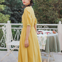 茵曼连衣裙女2020夏装新款文艺系带圆领收腰流苏裙摆纯色中长裙