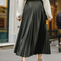 茵曼裙子女装春秋新品高腰复古撞色条纹风琴褶半身裙A字裙百褶裙