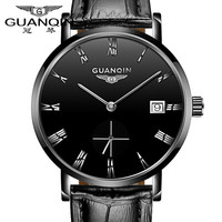 GUANQIN 冠琴 正品全自动机械表瑞士品质手表男士超薄简约日历钟表商务防水精钢带男表 罗马黑皮全黑