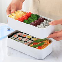 美厨（maxcook）双层日式饭盒便当盒 304不锈钢分隔饭盒便携式保鲜餐盒 配筷勺配袋子 白色1120ml MCFT078