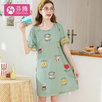 芬腾 睡裙女卡通美食印花圆领跌肩春夏针织家居服女士睡裙X98122275 卡通绿色 L