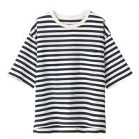 無印良品  無印良品 MUJI 女士圆领五分袖T恤 W9SB130 海军蓝X条纹 XS-S