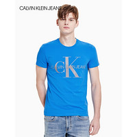 【许光汉同款】CK JEANS 2020春夏款 男装Logo圆领短袖T恤 J314764 C2O-蓝色 XL