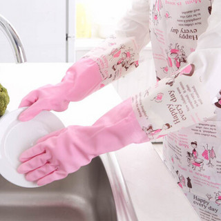 【加绒加厚】访客（FK）厨房专用 橡胶家务手套冬季保暖清洁洗碗洗衣隔热防水清洁 手套围裙套装（颜色随机）