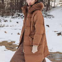 茵曼秋冬时尚连帽大毛领宽松长款过膝羽绒服外套女加厚面包服潮