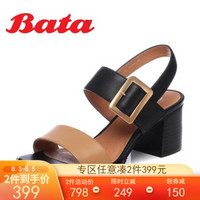 Bata/拔佳 专柜同款牛皮革时尚拼色粗高跟女凉鞋40-20BL8 黑/杏色 37