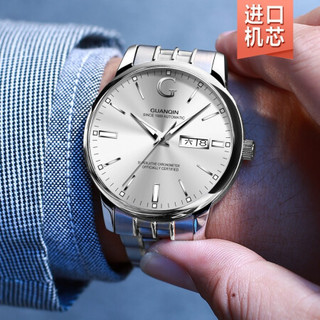 冠琴（GUANQIN）正品瑞士品质手表男士新款时尚大G系列腕表防水机械表进口机芯全自动夜光双日历男表 【进口机芯】精钢白面