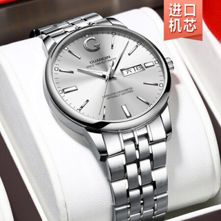 冠琴（GUANQIN）正品瑞士品质手表男士新款时尚大G系列腕表防水机械表进口机芯全自动夜光双日历男表 【进口机芯】精钢白面