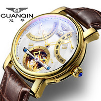 冠琴(GUANQIN)正品手表男士新品镂空陀飞轮全自动机械表男表 个性曲面夜光帅气时尚真牛皮带腕表男 棕皮间金白面
