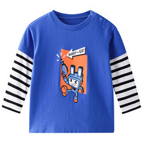 安奈儿童装男小童T恤长袖假两件2020新款机械兔宝宝纯棉打底衫春奇新蓝100