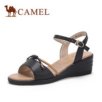 骆驼（CAMEL） 女士 时尚休闲牛皮螺旋纹饰带搭扣坡跟凉鞋 A025046275 黑色 35