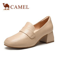 骆驼（CAMEL）女鞋 气质御姐风牛皮一字带装饰套脚中跟单鞋 A030076221 杏色 40