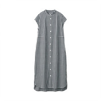 無印良品 MUJI 無印良品  女式 棉混弹力 法国袖连衣裙 黑色X格子 XL