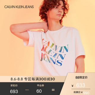 CK JEANS 2020春夏款男装 针织纯棉彩色反光LOGO卫衣短袖T恤J314469 YAF-白色 L