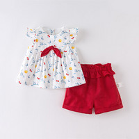 davebella戴维贝拉夏装新款儿童女童套装 宝宝洋气棉麻短袖两件套 樱桃印花 80cm（建议身高73-80cm）