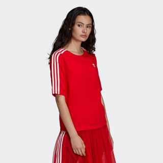 阿迪达斯官方 adidas 三叶草 3 STRIPES TEE女子短袖上衣DW3888 红 32(165/76A)