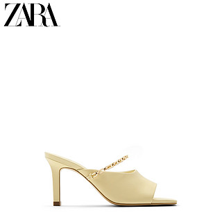 ZARA新款 女鞋 黄色方头链饰羊皮革高跟玛丽珍穆勒鞋 11306610090