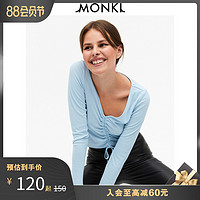 MONKI2020夏季新款蓝色修身V领薄款抽绳长袖T恤短款上衣女0752169