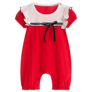 momoidea婴儿衣服连体衣夏季女宝宝短袖哈衣新生儿甜美花边红色礼服 红色 90cm