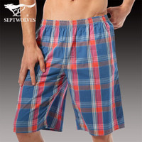 七匹狼阿罗裤男纯棉居家男士平角裤休闲大裤衩睡裤格子短裤 内裤男 深蓝 L-170