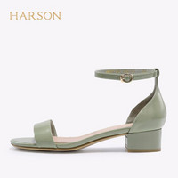 哈森 2020夏季新款羊皮革露脚趾凉鞋女 一字带粗跟优雅通勤鞋HM07198 深薄荷绿色牛皮革 34
