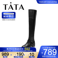 Tata/他她冬专柜同款牛皮革时尚过膝靴粗跟女长靴FC090DC9 黑色牛皮革(单里) 35
