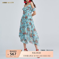 Miss Sixty夏季印花碎花露肩沙滩裙度假裙子吊带雪纺连衣裙女