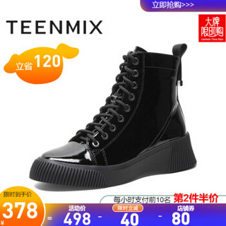 Teenmix/天美意商场同款休闲系带牛皮革女短靴COW40DD9 黑绒里 36
