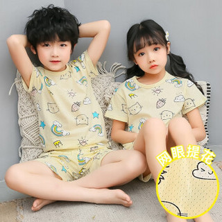 韩版儿童家居服套装男女童睡衣纯棉宝宝短袖套装中小夏季薄 笑脸 150CM