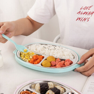 304不锈钢儿童家用餐盘可爱卡通餐具分格盘宝宝吃饭分隔盘水果盘 绿色(送勺子)