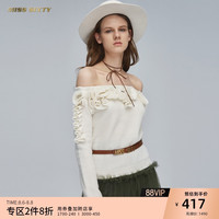 Miss Sixty一字肩洋气针织衫外穿长袖套头衫马卡龙色毛衣女