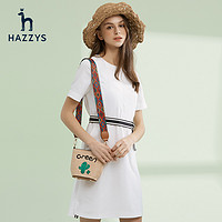 Hazzys哈吉斯夏季新款女士圆领连衣裙短袖纯色气质裙子女休闲女装