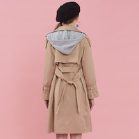 ELAND女装韩版宽松可拆卸连帽系带收腰中长款风衣女EEJA82314S