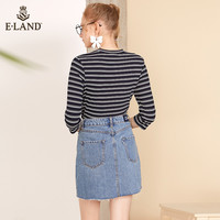 ELAND夏季韩版简约拼接撞色织带牛仔A字半身短裙女EEWJ82401A