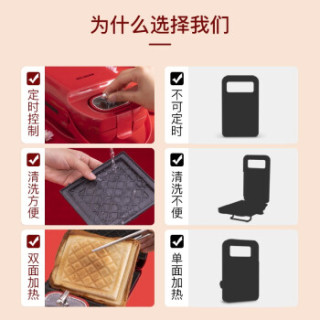 美菱(MeiLing)三明治早餐机轻食机华夫饼家用多功能定时双面加热吐司迷你三明治机电饼铛 可拆卸(三明治盘+华夫饼盘+甜甜圈盘+鸡蛋仔盘)
