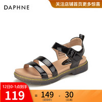 Daphne/达芙妮2020夏季新款女鞋一字带舒适学生平底露趾平底凉鞋 黑色115 37