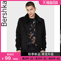 Bershka男士 黑色潮流机车加厚夹克仿羊羔毛外套男 06384564800