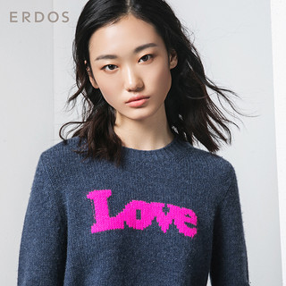 ERDOS 秋冬圆领撞色LOVE字母提花女士羊绒针织衫时尚百搭 中海铁蓝 90