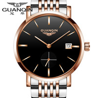 【明星推荐】冠琴(GUANQIN)正品全自动机械表瑞士品质手表男士超薄简约日历钟表商务防水精钢带男表 条钉钢带玫黑