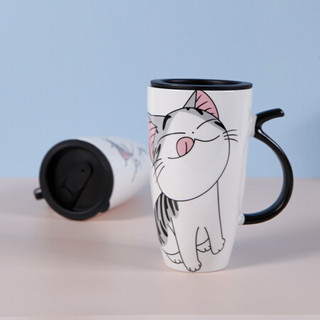 佳佰 情侣水杯居家办公咖啡杯茶杯牛奶杯早餐麦片杯馋嘴猫咪带盖杯